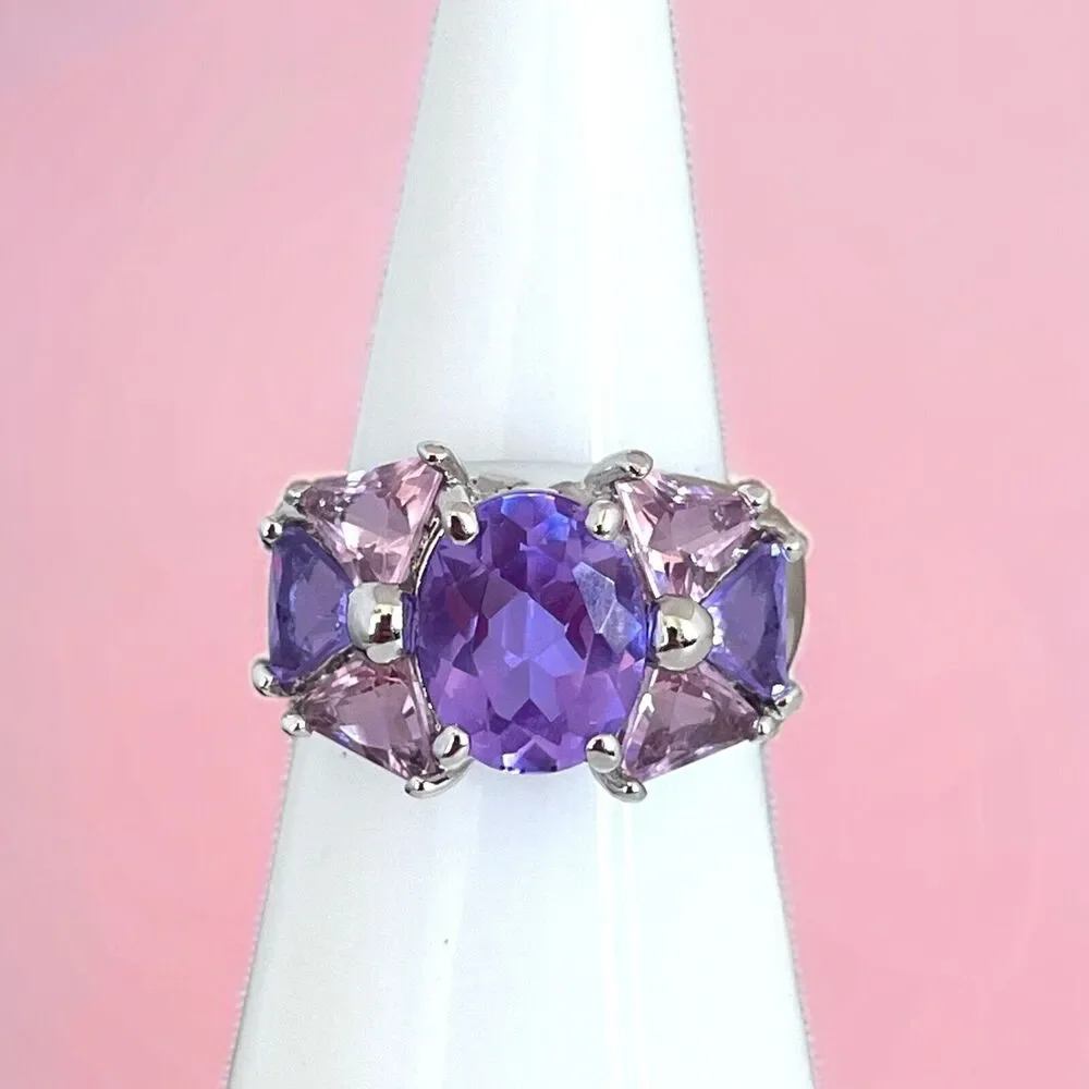 Vintage 1980s Uncas Sterling Silver Purple CZ Multi Stone Ring Size 6.5 - 5Z